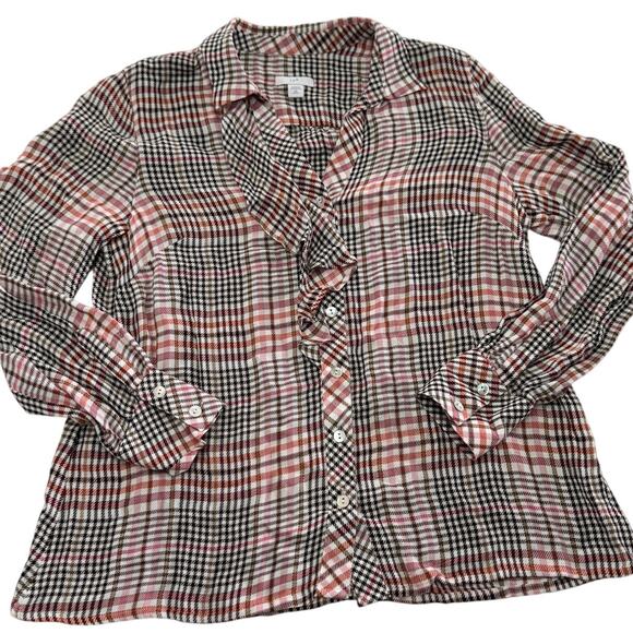 J.Jill Top Womens X Small Petite Pink Tea Rose Plaid Ruffled Button Front Blouse - Picture 2 of 10